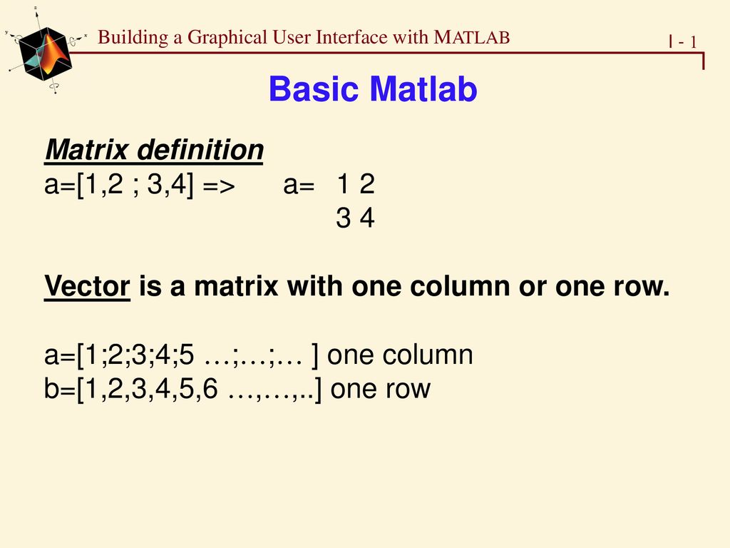 Basic Matlab Matrix definition a=[1,2 ; 3,4] => a= - ppt download